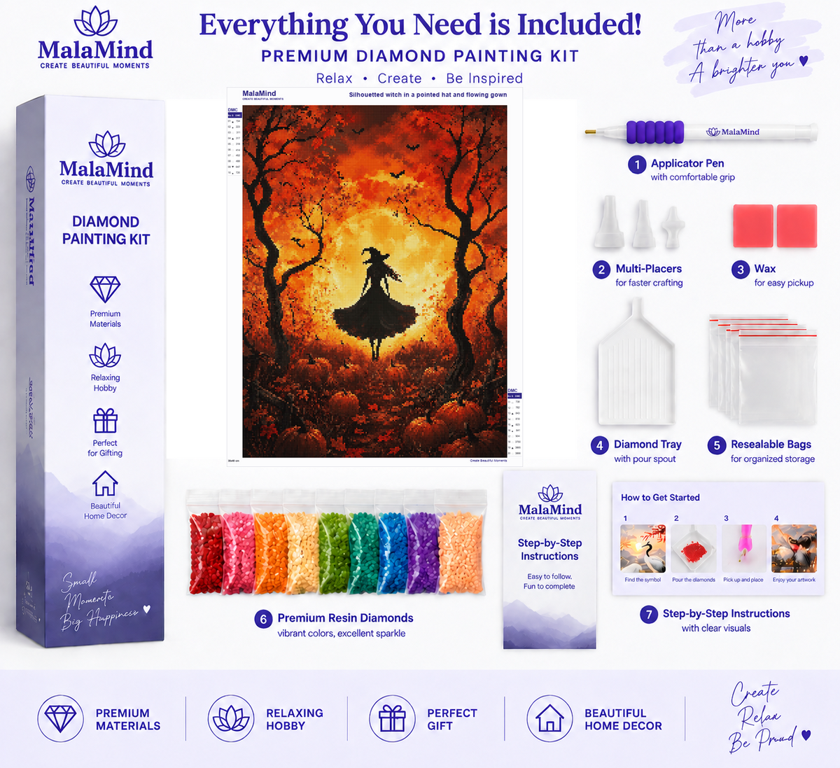 Witch in the Pumpkin Forest diamond painting kit contents