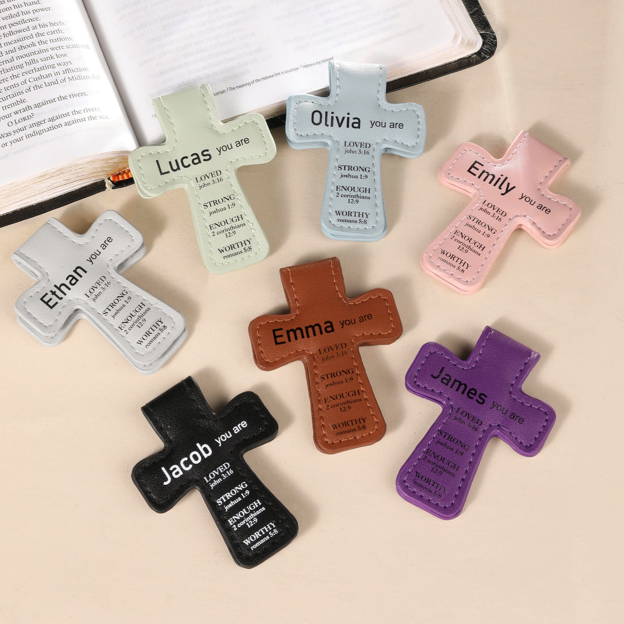 Personalized Name Leather Cross Magnetic Bible Bookmark with Bible Verses