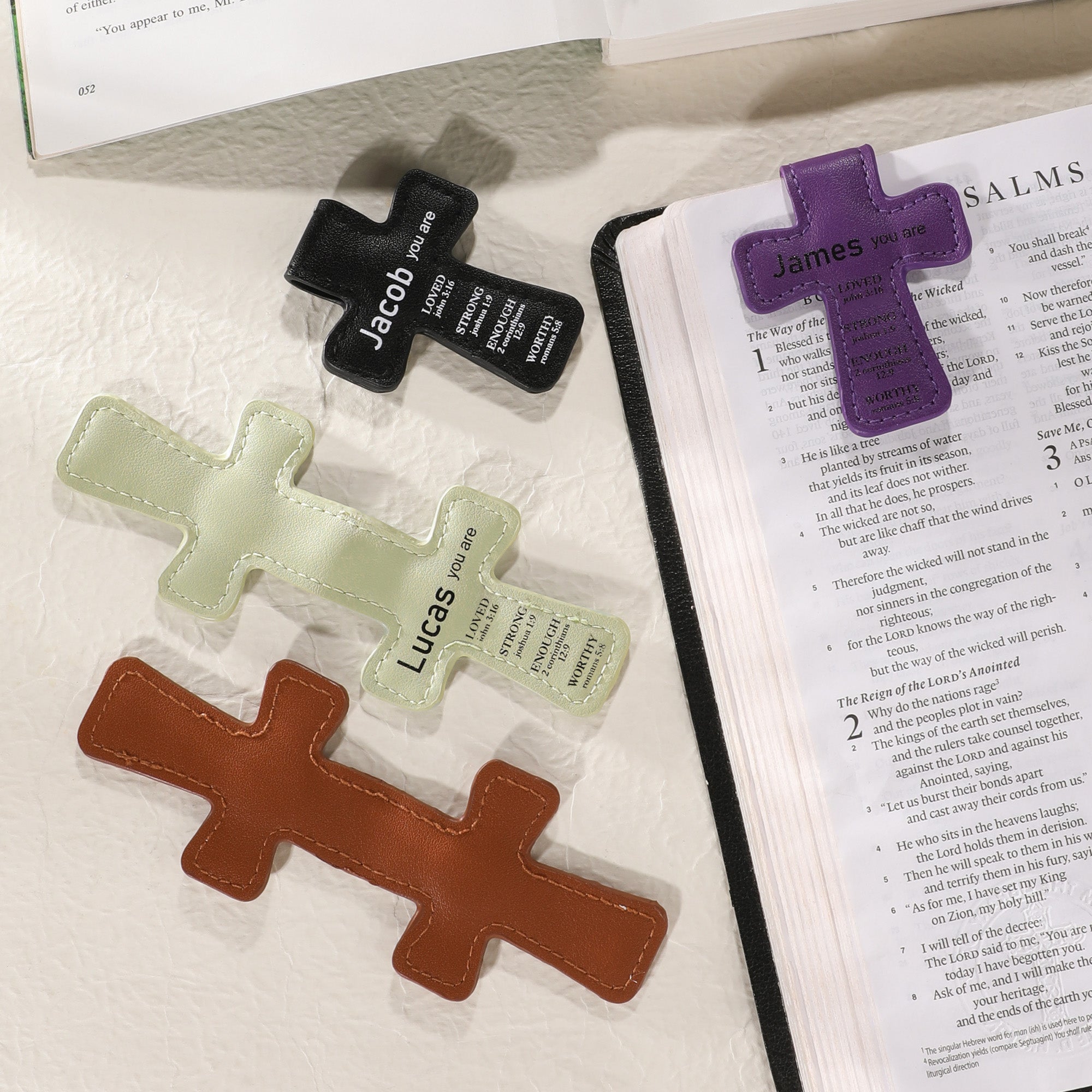Personalized Name Leather Cross Magnetic Bible Bookmark with Bible Verses