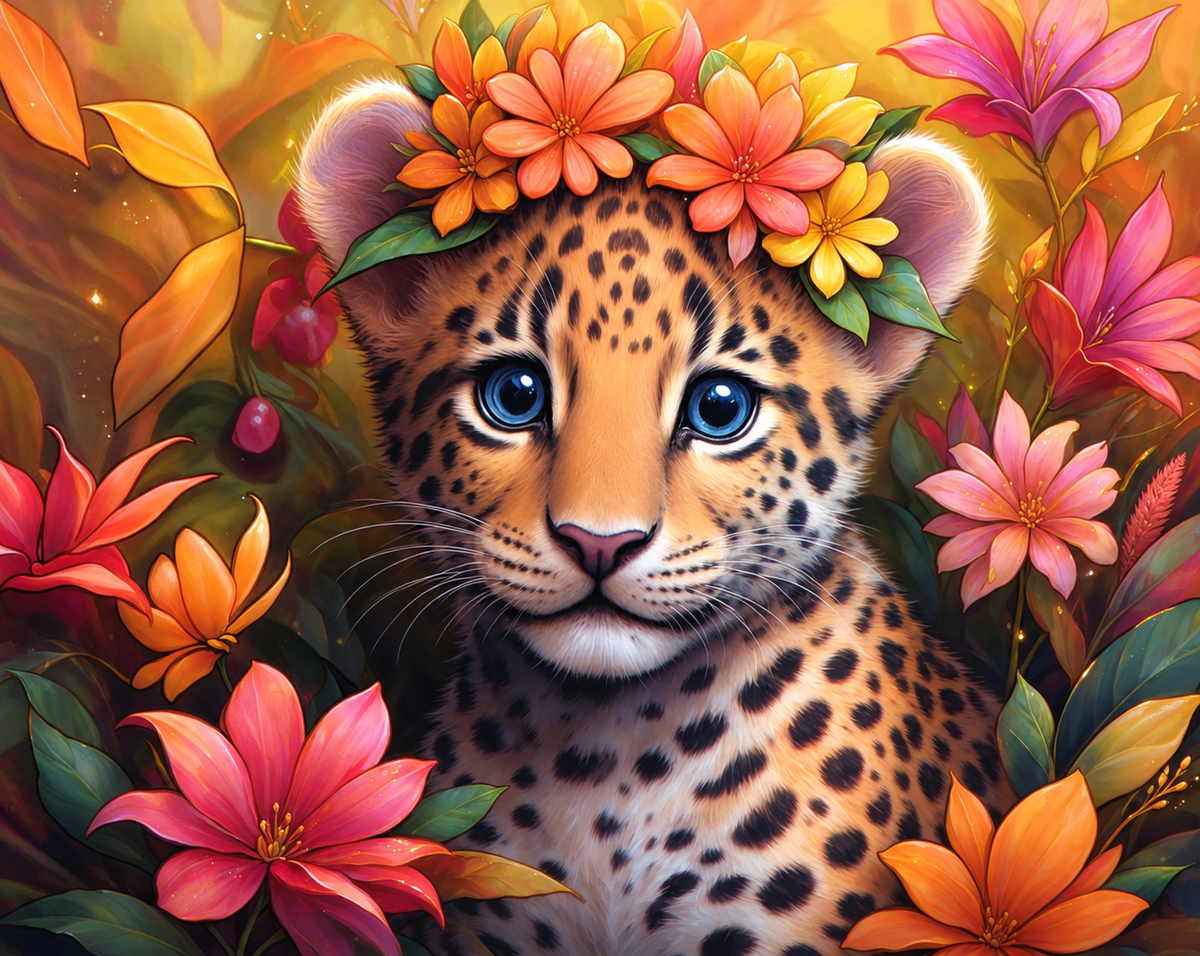 Leopard Cub with Flowers Diamond Painting Kit
