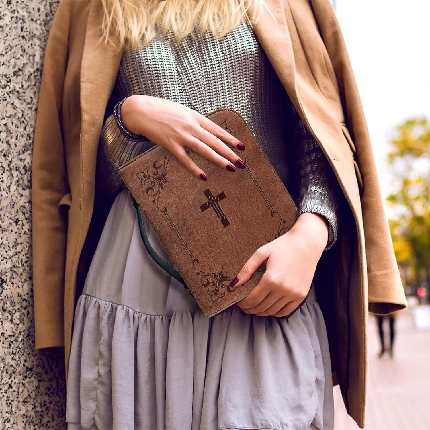 Brown Cross Print Leather Bible Cover