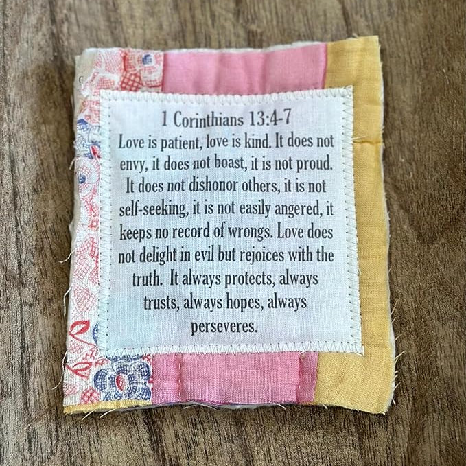 Handmade Prayer Quilt with Cross Inside (1 Corinthians 13:4-7)
