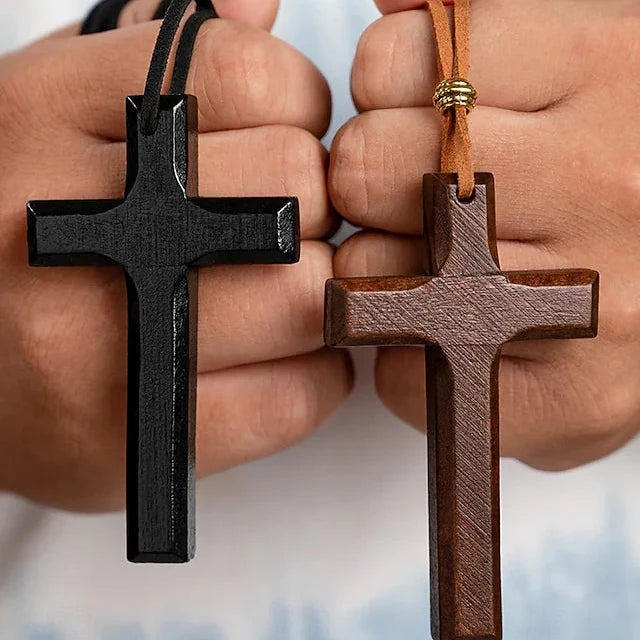 2-Pack Wooden Cross Pendant Necklaces - Vintage Religious Leather Cord