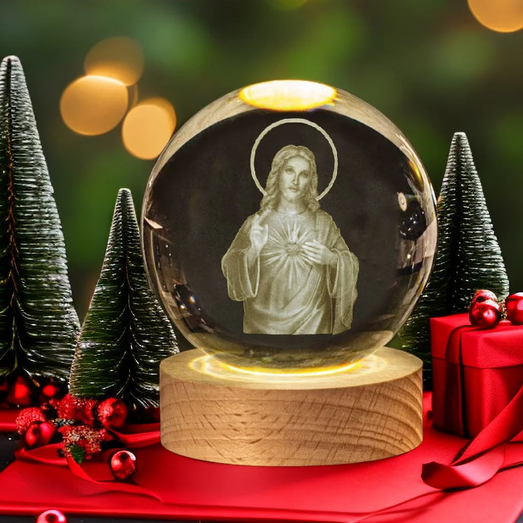 Christian 3D Crystal Night Light with Wooden Base