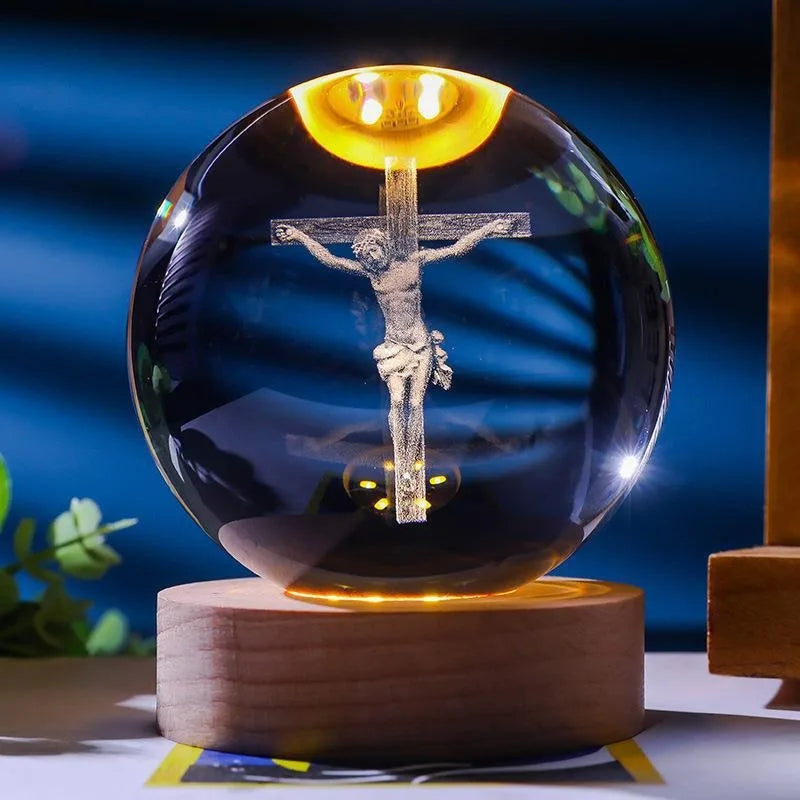 Christian 3D Crystal Night Light with Wooden Base