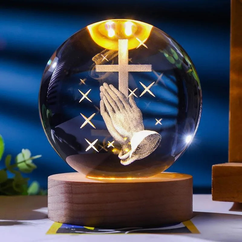 Christian 3D Crystal Night Light with Wooden Base