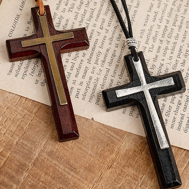 2-Pack Wooden Cross Pendant Necklaces - Vintage Religious Leather Cord